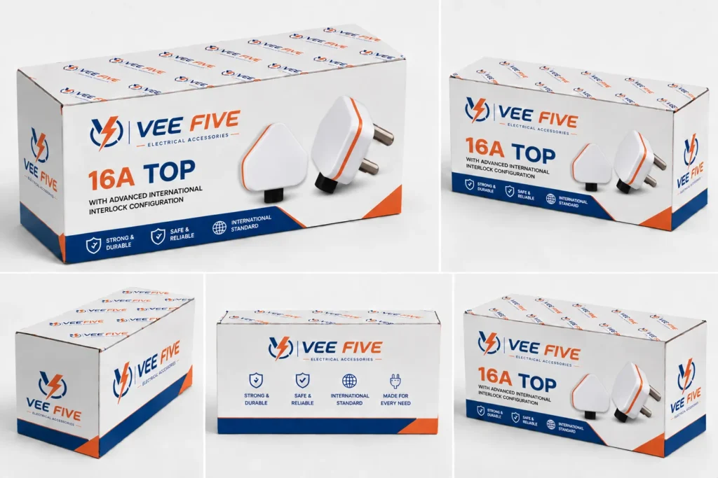 Vee Five 16A Top cartons ready for customers who bulk order electrical accessories
