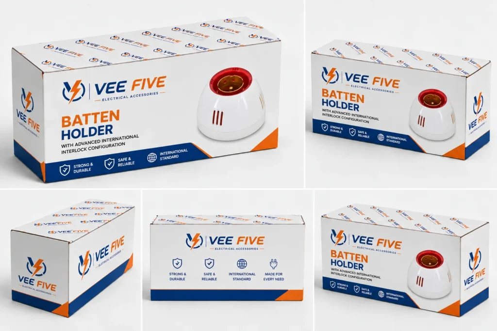Vee Five Batten Holder packaging, an example of the vision and mission of Vardhman Power Controls in practice
