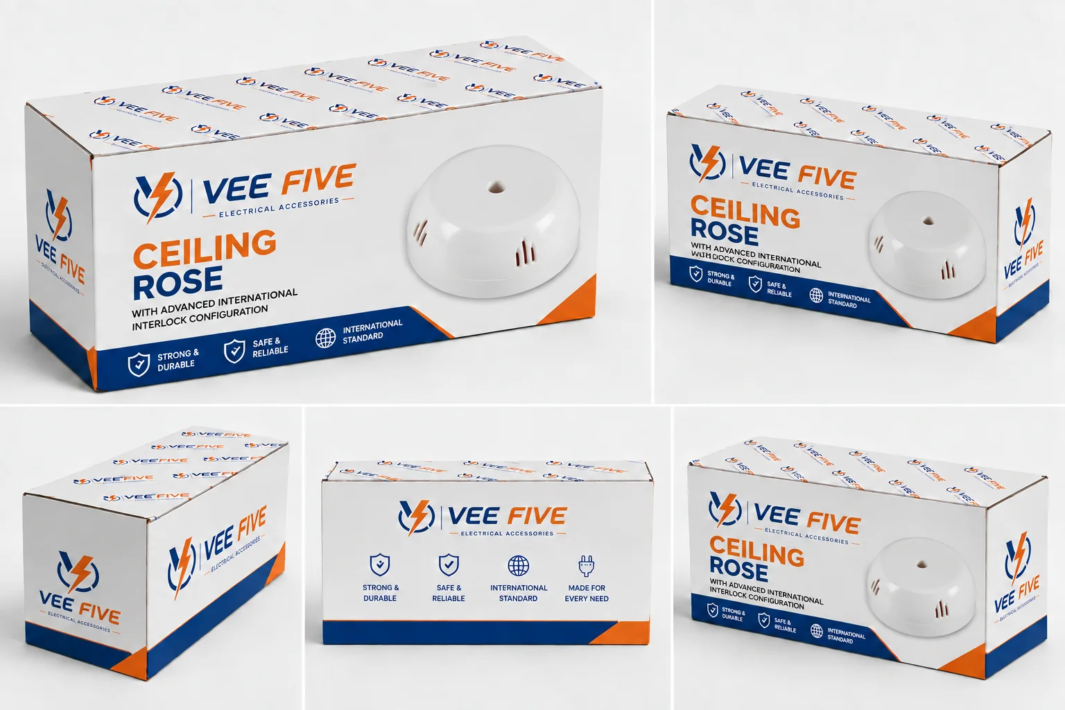 Vee Five Ceiling Rose packaging shown from five angles