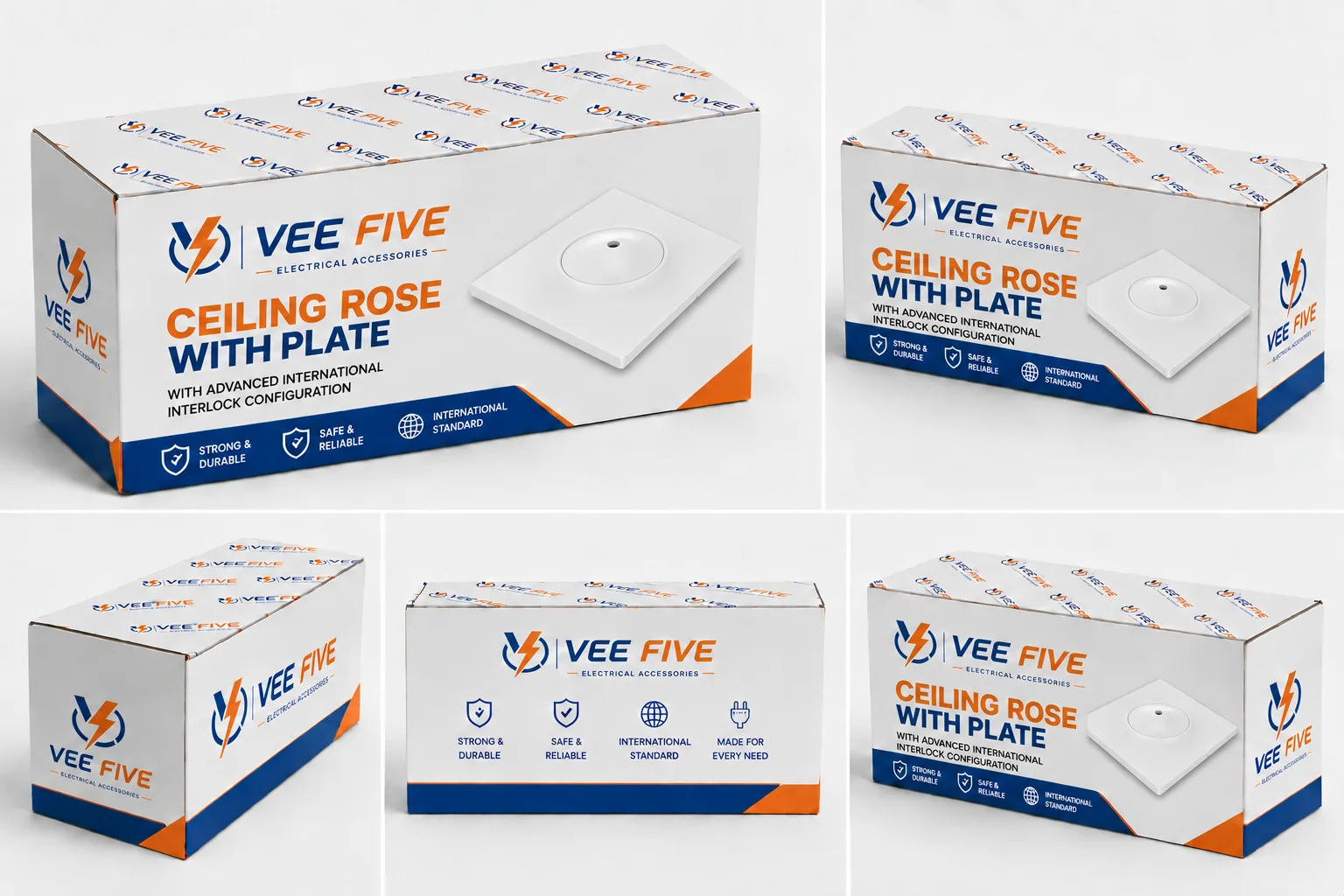 Vee Five Ceiling Rose With Plate packaging shown from five angles